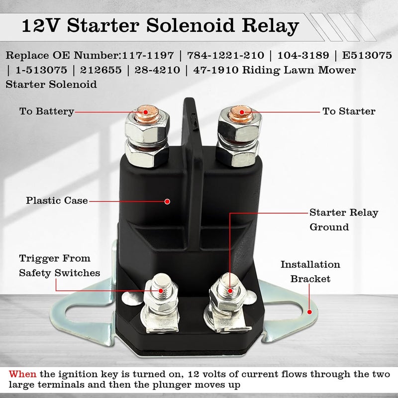 FBLOWMOD 117-1197 Starter Solenoid Relay for Lawn Mower, 12V Relay Switch, Fit for Exmark Toro Timecutter SS5000 SS4225 SS4235 Z4200 Zero Turn Lawn Mower, Replace 784-1221-210, 104-3189, E513075, 28-4210 - Image 4